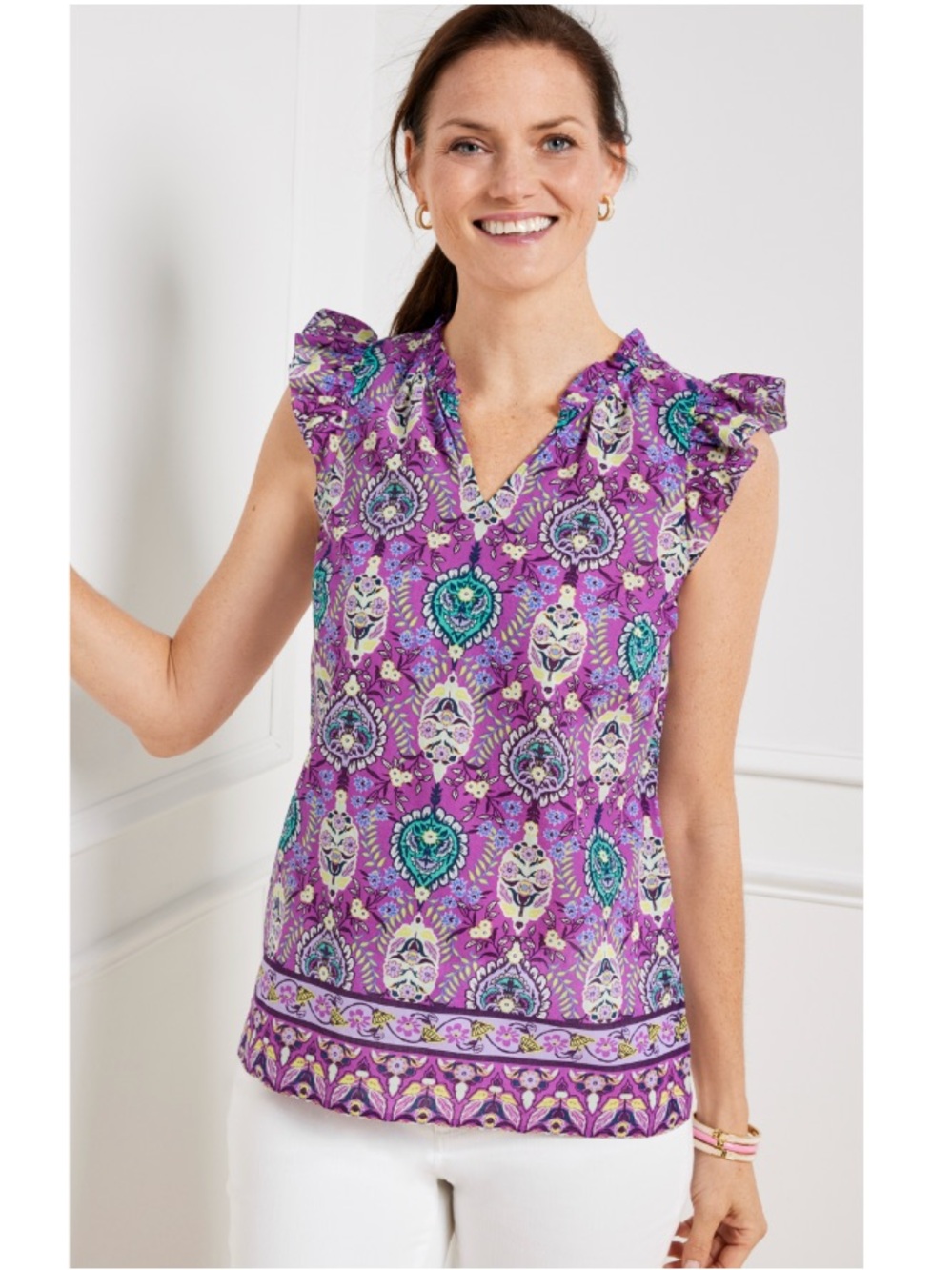 Talbots Floret Medallion Ruffle Split V-Neck Poplin Shirt Purple 2X